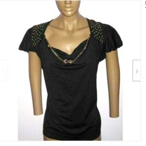 NEW Flutter DEREON cowl necklace chain Gold BLACK  Blouse Top 1X 14 16 PLUS